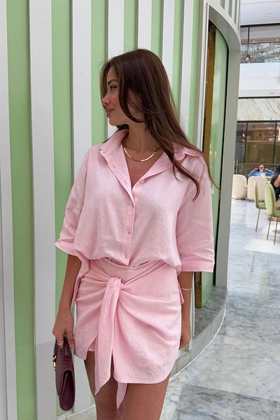 FMN Collection Raw Linen Bow Tie Detail Skirt Loose Fit Shirt Casual Chic Summer Outfit Pinterest