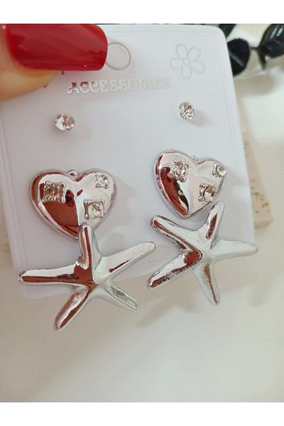 mos&more 6 Piece, Starfish, Heart Stylish Lightweight Women's Earrings, Silver