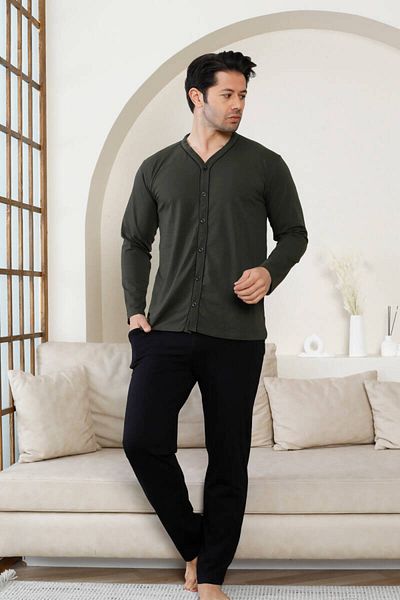 ALİMER Men's Pajama Set with Front Buttons - Khaki Long Sleeve Lycra Cotton 1214Uy