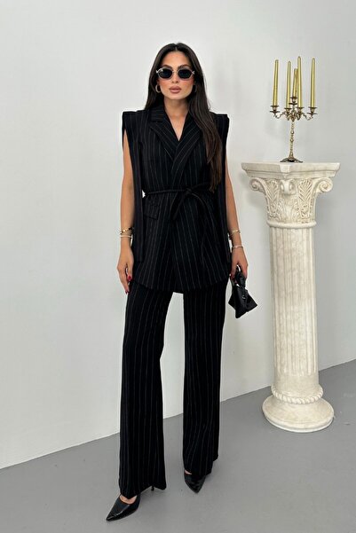 spirituel Set de pantaloni pentru femei, cu dungi, cu detaliu de umăr, cu cen...