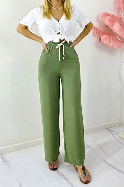 FashionForYou Pantaloni lungi casual, bumbac MERON, croiala wide leg si snur, KAKI, -