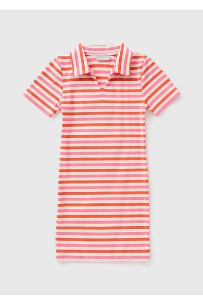 Kübra Tekstil Tricotaj cu guler polo cu dungi colorate pentru fete Mini rochie de vară, midi
