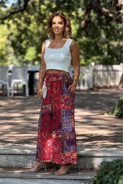 Nevin Kaya Moda Pantaloni din viscoză din bumbac 100% cu model roșu chihlimbar ITALIAN