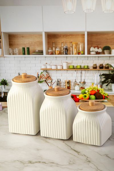 Lizzy Molino Bamboo Lid Striped Patterned Porcelain Jar Set
