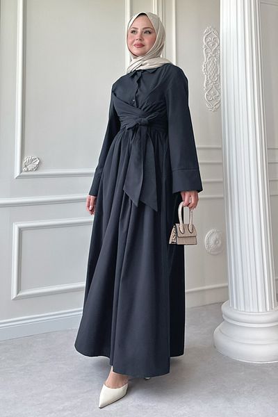 InStyle Wide Sleeve Tie Detail Poplin Anthracite Dress
