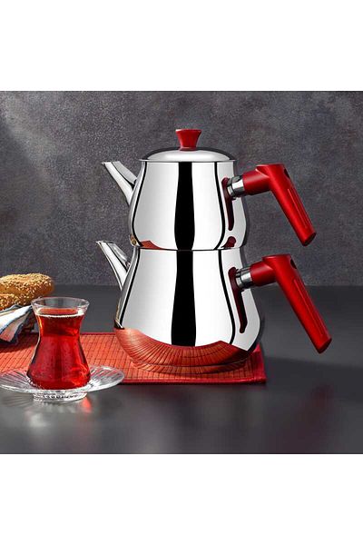 Perotti Çaykara Soft Mini Steel Teapot Set - Gray / Red - 1.2 Lt + 800 ml