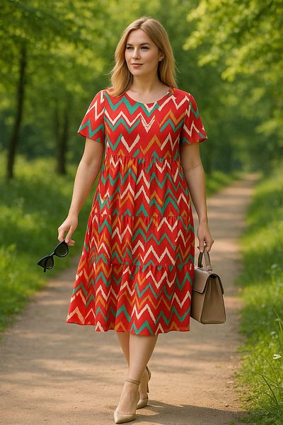 FOR ESRA BIG TREND Women's Plus Size Patterned Wide Collar Hem Flounced Short Sleeve Midi Length Woven Dress