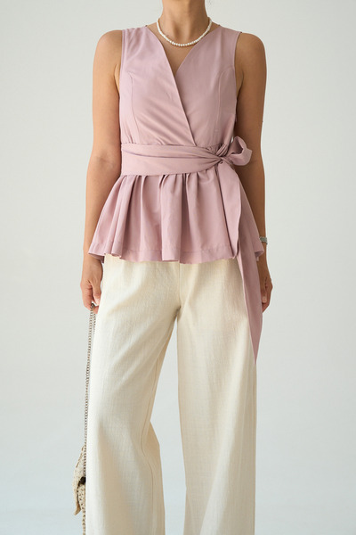 LOOSH Kadın Gül Kurusu Kruvaze Yaka Kuşak Detaylı Bluz