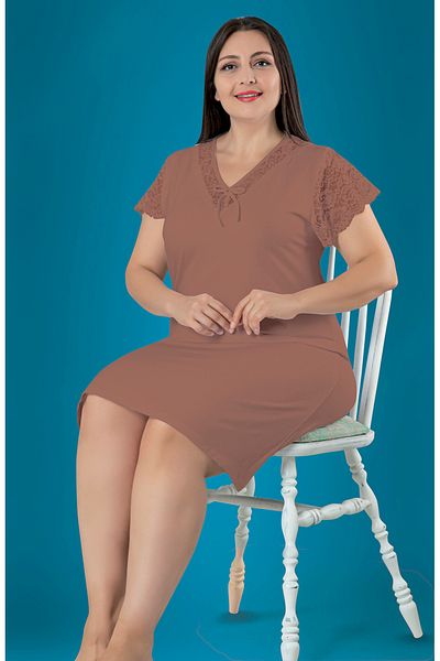 JENİKA Women's Short Sleeve Plus Size Lace Detailed Viscose Nightgown