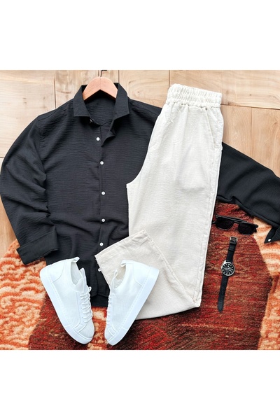 tiggir moda بدلة قميص وبنطلون من الكتان المجعد للرجال