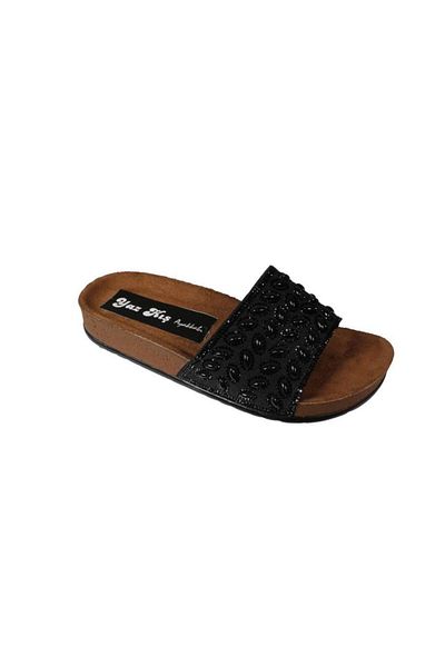 Yaz Kış Ayakkabı Yazkiş Women's Black Platinum Stone Glitter Flat Sole Slippers