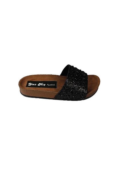Yaz Kış Ayakkabı Yazkiş Women's Black Platinum Stone Glitter Flat Sole Slippers