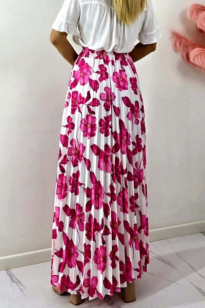 FashionForYou Long summer pleated skirt ALVINA with floral print, Fuchsia, Size S/M