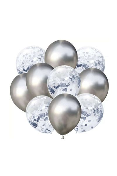 OEM Set 10 Balloons Confetti, 5 Latex, 5 Bright, Silver