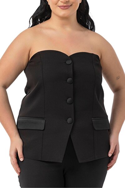 DISENTIS MODEST Plus Size Satin Ornament Pocket Flap and Satin Overlay Button Back Elastic Waist Black Bustier