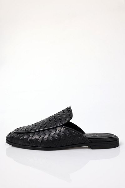 5in1Canpolat Black Leather Knitted Slippers 34310