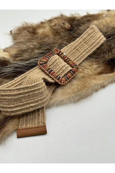 ASLIHAN KEMER حزام من القش للنساء بإبزيم مربع مرن