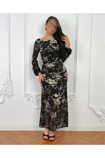 toog Floral print dress with black feathers at the end of the sleeves