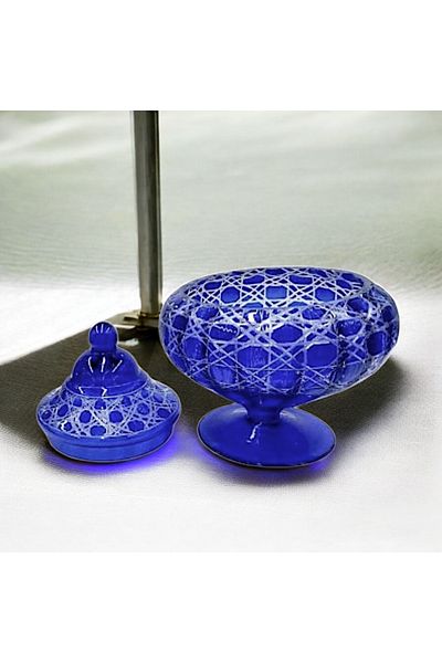 AYZ HOME Blue Cut Glass Covered Sugar Bowl