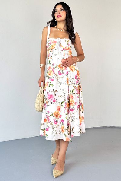 Cappmoda ELB-01803 Φόρεμα βισκόζης με λουλουδάτο μοτίβο εκρού με λουράκι μπούστο