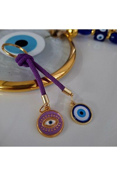 Svc Aksesuar Gift Double Evil Eye Beaded Keychain - Purple (10.5 cm)