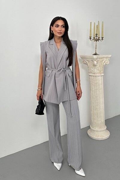 spirituel Set de pantaloni pentru femei, cu dungi, cu detaliu de umăr, cu cen...