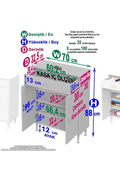 Modilayn 70 x 88 x 32,5 cm’lik 1 Çekmece 1 Kapak 3 RAF 4 Gözlü,,Organizatör Mutfak Dolabı Çok Amaçlı Dolap