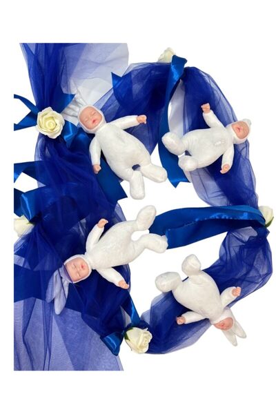 Botez Decor cristelnita din tulle albastru, flori din sapun ivory, panglica a...