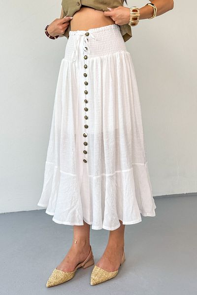 Cappmoda Etk-02339 White Gipeli Vintage Skirt with Antique Button Detail