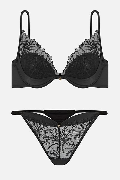 Wonna Leonie Brodeli Shiny Stone Detailed Satin Piping Bra Panty Set - 2724 - Black