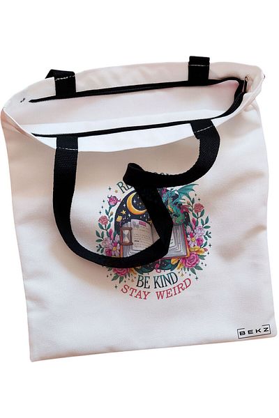 BEKZ Sacosa Textila Cu Fermoar, Geanta Tote, Model Cat And Flowers 13, 38 X 34.5 Cm, Alb, ®