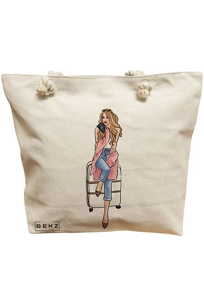 BEKZ Sacosa Textila Cu Fermoar, Geanta Tote, Model Urban Oasis 38 X 34.5 Cm, Alb, ®