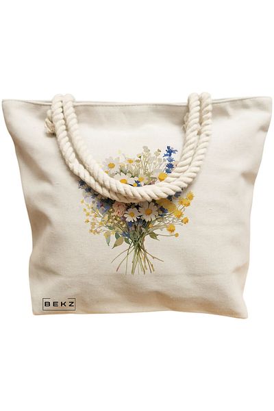 BEKZ Geanta de plaja, model Flower Bouquet 6, 40x51 cm, Crem, BEKZ®