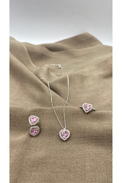 SURA SILVER PEMBE KUVARS KALP MODEL 925 AYAR GÜMÜŞ SET (KOLYE,KÜPE VE AYARLAN...