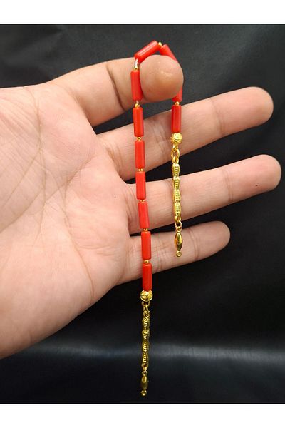 Han Ticarethane 11-Piece Special Design Gold Color Combination Coral Stone Zaza Prayer Beads