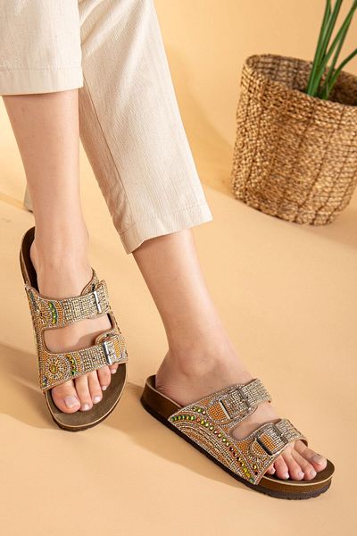 AlbiShoes Bloom Women Eva Sole Comfort Stone Diamond Κεντημένες Παντόφλες Παντόφλες με διπλό λουράκι με αγκράφα