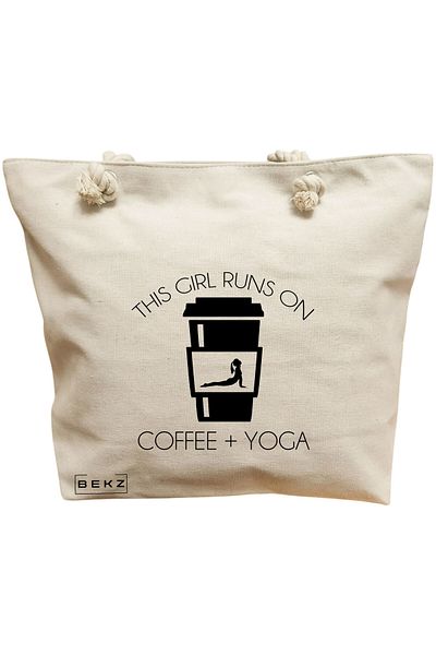 BEKZ Yoga Beach Bag This Girl runs on coffee and yoga 2, 40x51 cm, Cream, BEKZ®