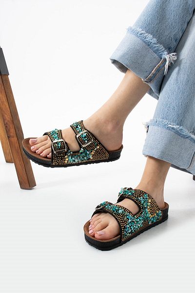 AlbiShoes Bloom Women's Eva Sole Comfort Stone Diamond Embroidered Slippers Double Strap Buckle Casual Slippers