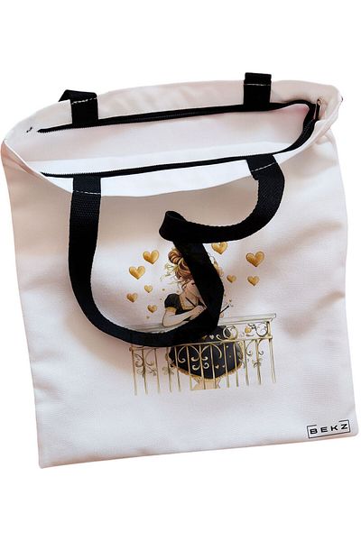 BEKZ Sacosa Textila Cu Fermoar, Geanta Tote, Model Colorful Butterfly, 38x34.5 Cm, Alba, ®