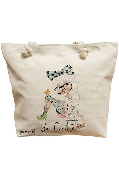 BEKZ Sacosa Textila Cu Fermoar, Geanta Tote, Model Books 48 38 X 34.5 Cm, Alb, ®