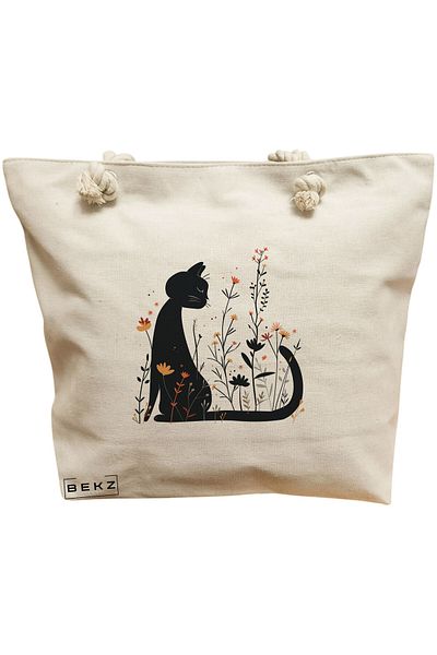 BEKZ Geanta de plaja, model Cat and Flowers 1, 40x51 cm, Crem, BEKZ®