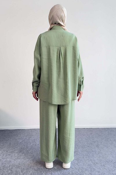 Hatun Atila Embroidered Shirt and Wide Leg Pants Suit 8839 - Green