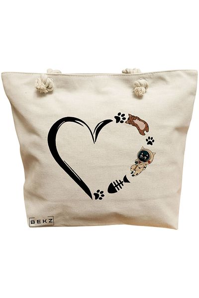 BEKZ Geanta de plaja, model Cat Love 1, 40x51 cm, Crem, BEKZ®