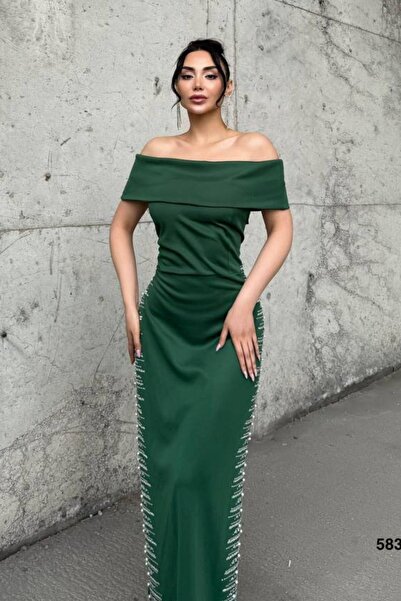 Modafeminen Strapless Neckline Scuba Fabric Dress with Pearls on the Sides Emerald 583242