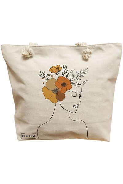 BEKZ Textile Bag With Zipper, Tote Bag, Flowers Model 13 38 X 34.5 Cm, ​​White, ®