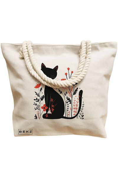 BEKZ Geanta de plaja, model Cat and Flowers 11, 40x51 cm, Crem, BEKZ®