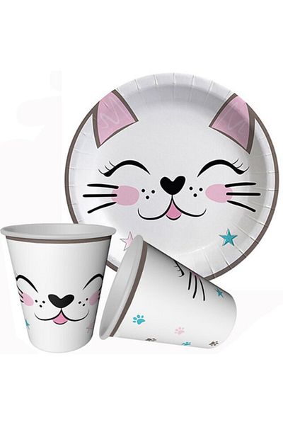 turkuaz parti Miss Cat Cat Plate Cup Set of 8
