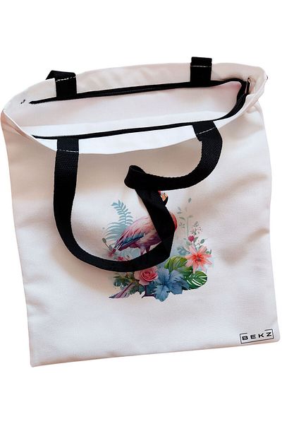 BEKZ Sacosa Textila Cu Fermoar, Geanta Tote Sunny Moon, 38x34.5 Cm, Alba, ®
