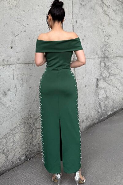 Modafeminen Strapless Neckline Scuba Fabric Dress with Pearls on the Sides Emerald 583242