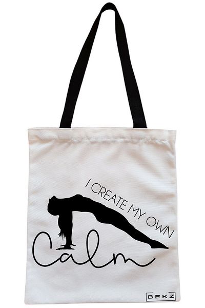 BEKZ Sacosa Textila Cu Fermoar, Geanta Tote Yoga I Create My Own Calm, 38x34.5 Cm, Alba, ®